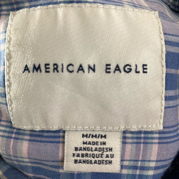 American Eagle Shirt Mens M Blue Lavender Button Down Plaid Long Sleeve Preppy - Picture 3 of 12